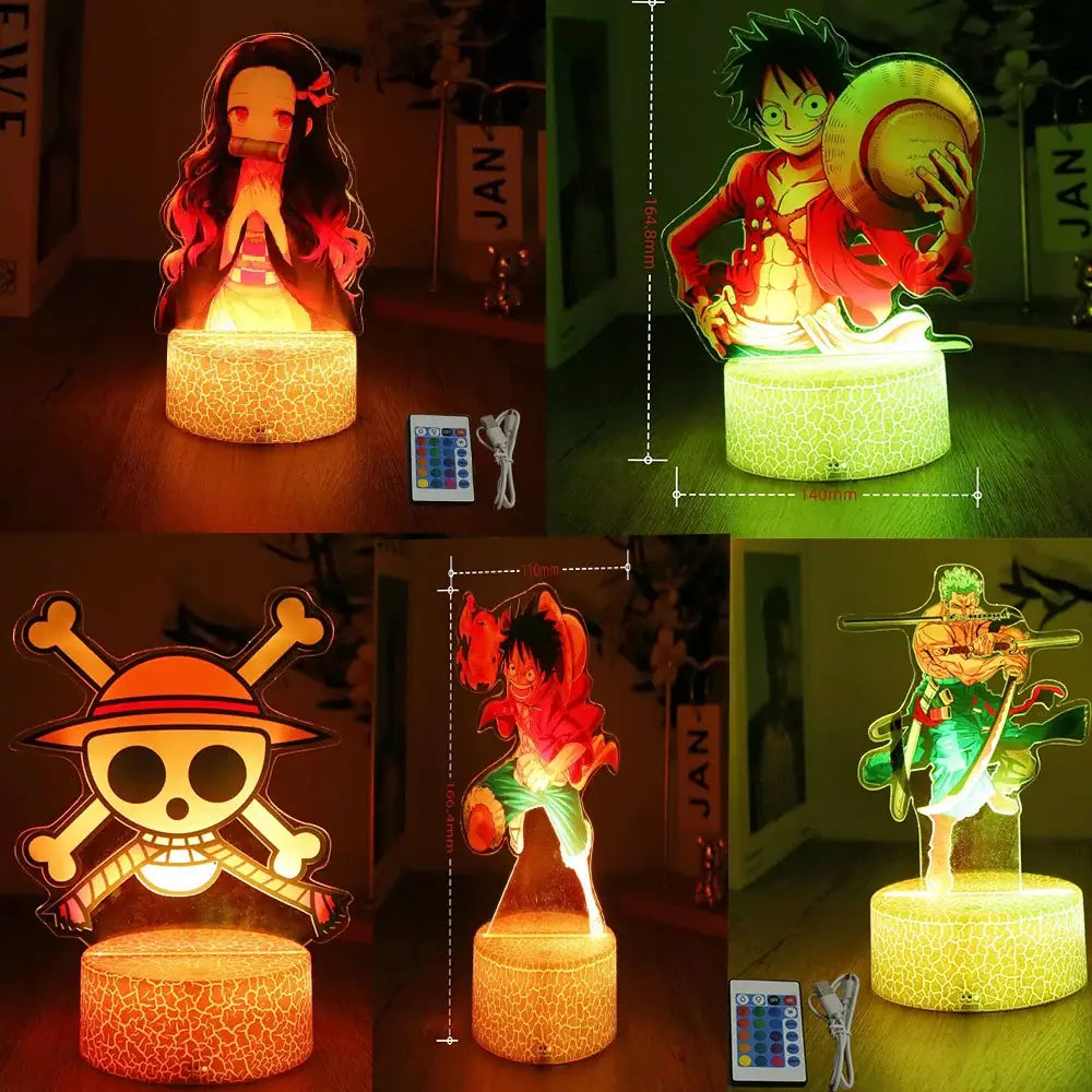 A glowing crackle-textured base supports translucent acrylic piece luffy zoro led night light in 7-color usb pvc design