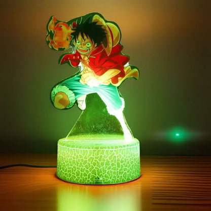 One piece luffy zoro led night light featuring a glowing green 3d cutout on a textured pvc base with 7-color usb lighting