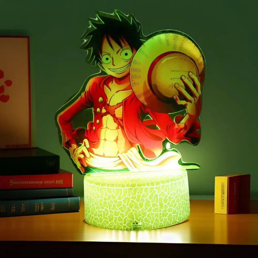 A glowing green led night light shaped like piece luffy zoro wearing a red jacket and holding a straw hat made of pvc