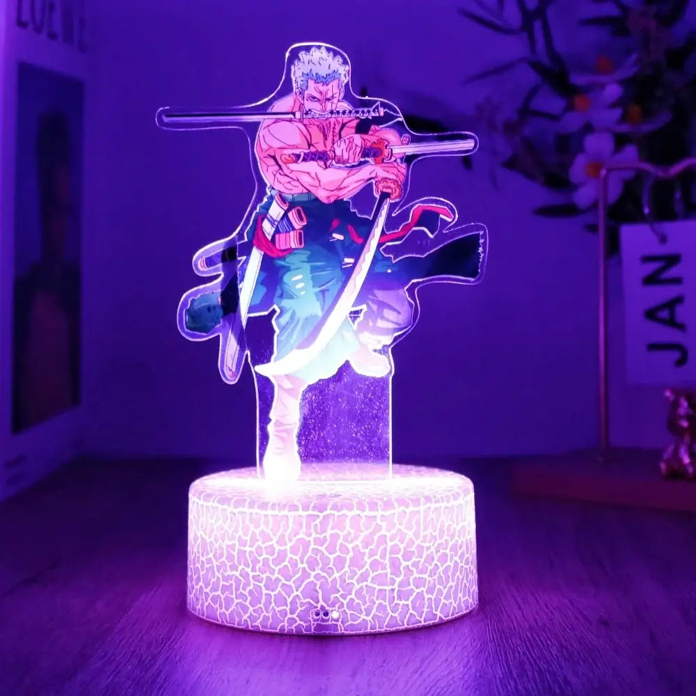 One piece luffy zoro led night light glowing purple acrylic figure of sanji with two swords in dynamic pose usb powered