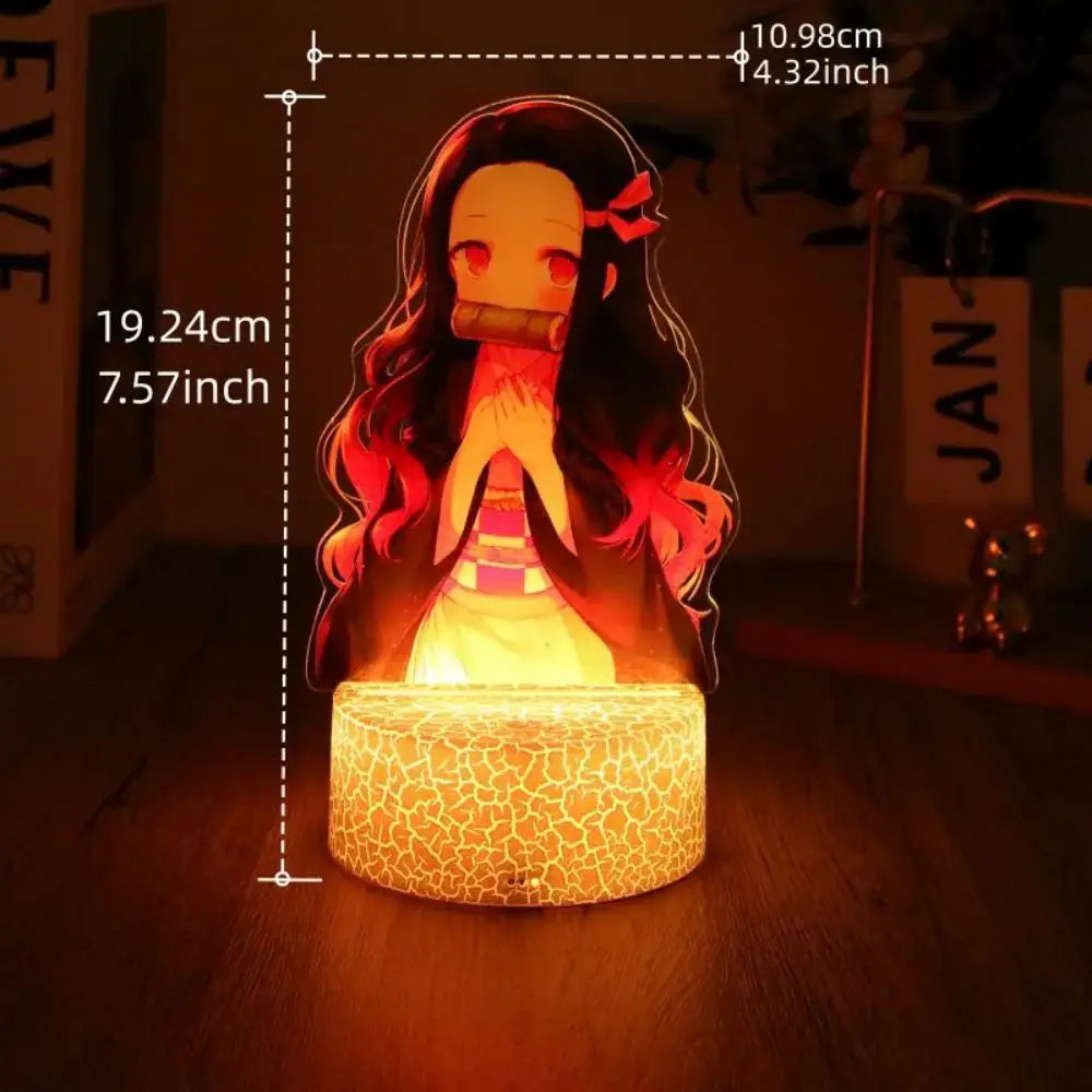 A glowing translucent acrylic led night light featuring anime character with dark hair and red eyes in warm orange light