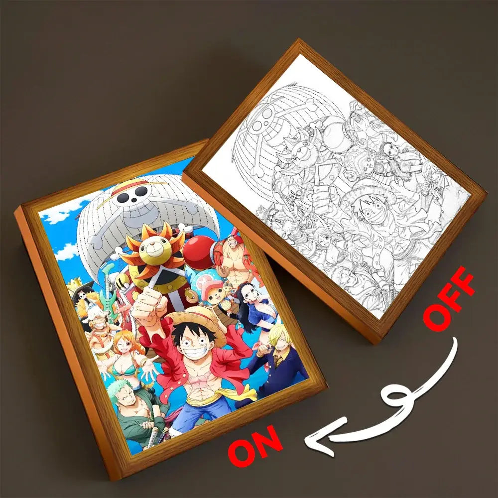 Wooden-framed led night light featuring colorful one piece crew illustration and black-and-white line art on canvas