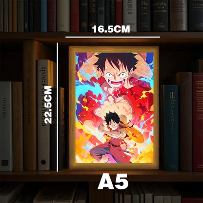 A5-sized framed led night light featuring a vibrant glowing luffy illustration with flames from one piece moon lamp