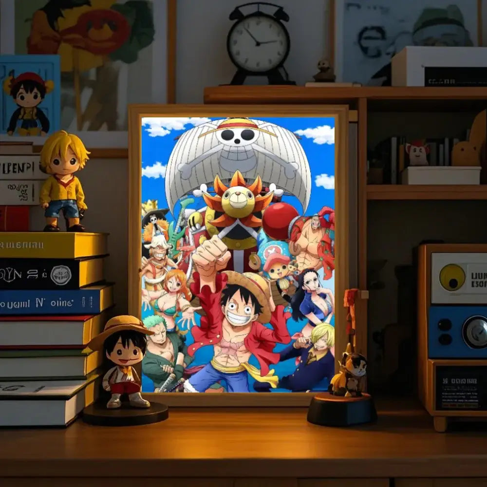 A framed led night light featuring a colorful one piece crew illustration with ship for bedroom or cosplay decor