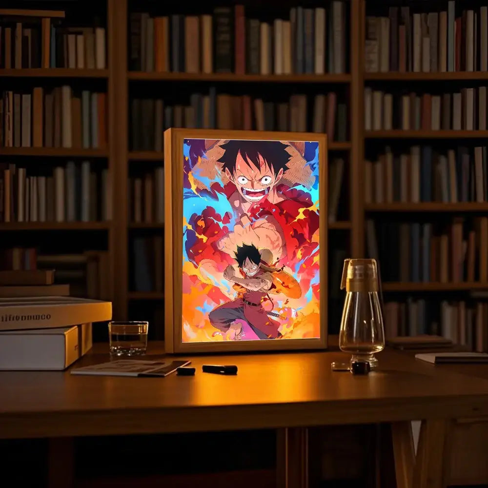 A glowing wooden-framed led night light featuring a colorful monkey d illustration in the one piece luffy zoro moon lamp