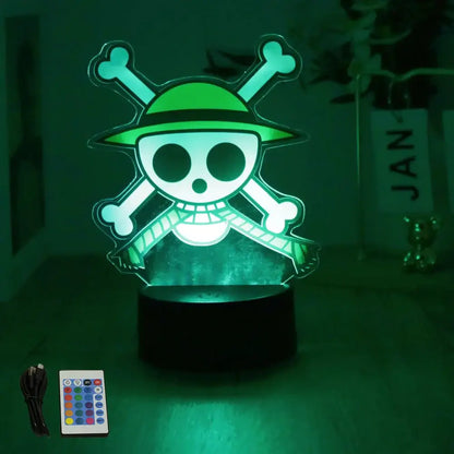 Green-lit acrylic led night light featuring one piece straw hat pirates skull and crossbones emblem for luffy zoro led fans