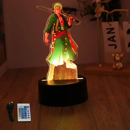 Green and red acrylic pvc figure of zoro holding sword illuminated by led lamp on black base luffy zoro led night light