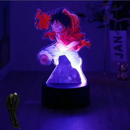 A glowing led night light featuring anime-style luffy in red coat and straw hat from the luffy zoro led pvc figure