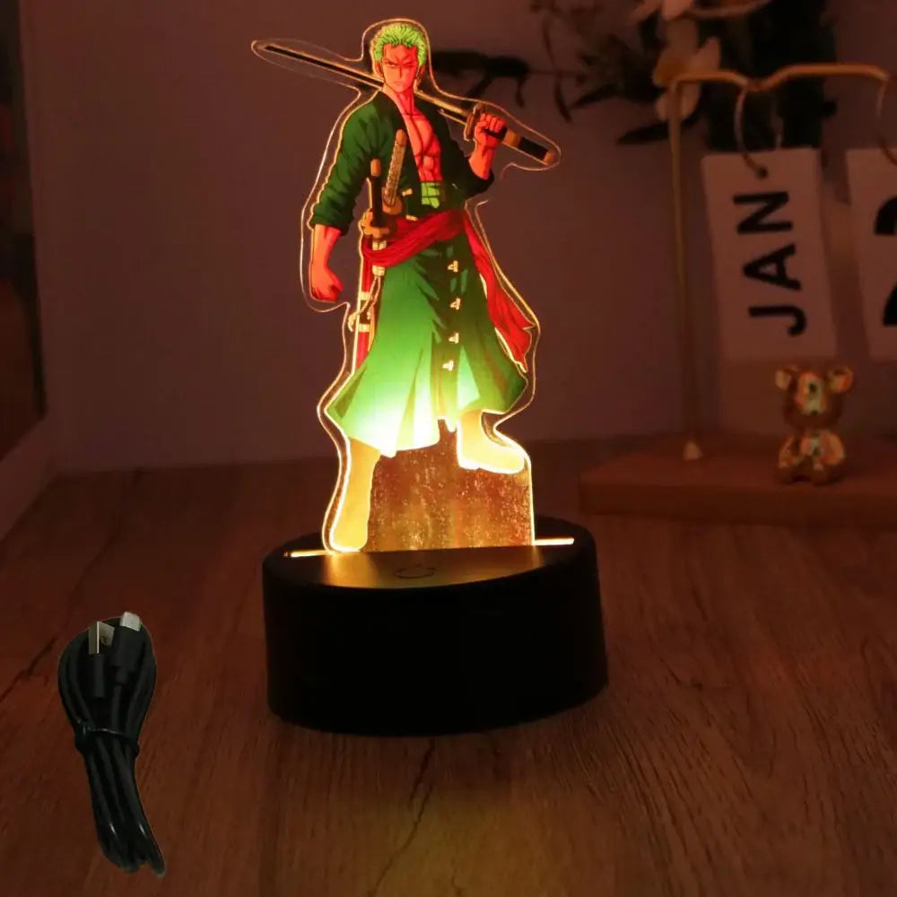 One piece luffy zoro led pvc figure lamp with green hair glowing backlight on black base zoro led night light
