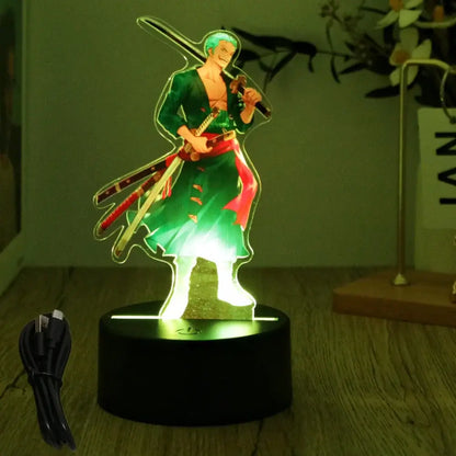 Green and red pvc luffy zoro led night light figure with green hair holding swords illuminated by led base