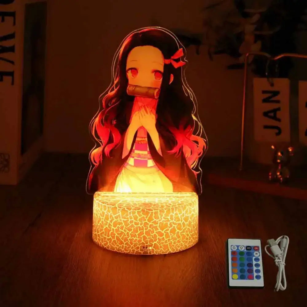 One piece luffy zoro led night light pvc figure with glowing nezuko kamado lamp and warm orange illumination base