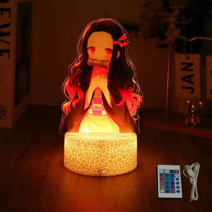 One piece luffy zoro led night light pvc figure with glowing nezuko kamado lamp and warm orange illumination base