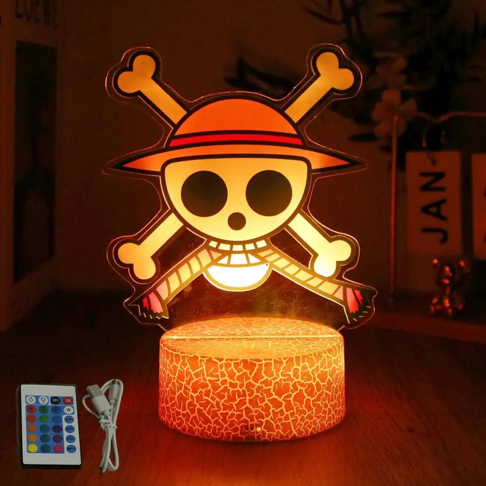 One piece luffy zoro led night light with orange and red illumination shaped like straw hat pirates skull in pvc