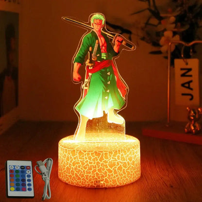 Green and red acrylic roronoa zoro figure with glowing crackle base in one piece luffy zoro led night light pvc figure