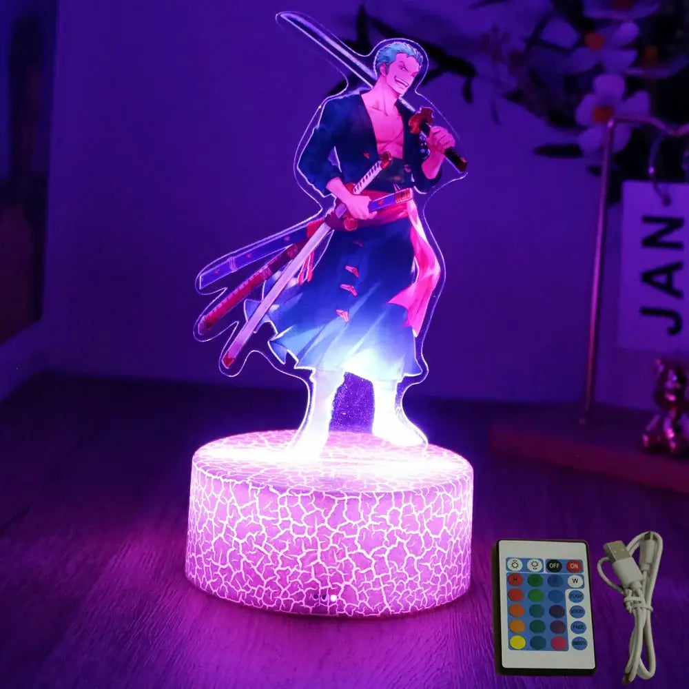 Purple crackle-effect luffy zoro led night light featuring illuminated blue-haired anime pvc figure with swords