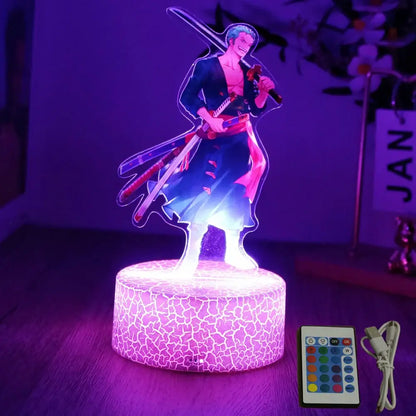 Purple crackle-effect luffy zoro led night light featuring illuminated blue-haired anime pvc figure with swords