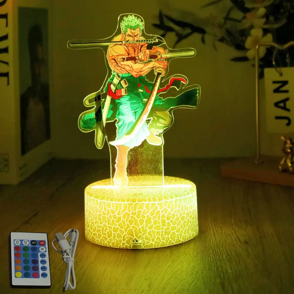 One Piece luffy zoro led night light with glowing translucent acrylic zoro silhouette on textured base in warm yellow light