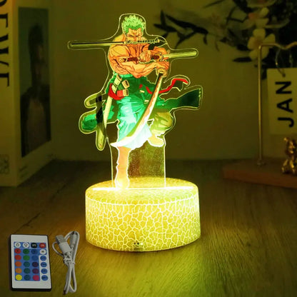 One Piece luffy zoro led night light with glowing translucent acrylic zoro silhouette on textured base in warm yellow light