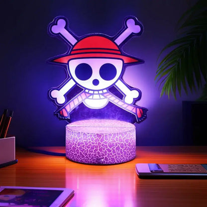 One piece luffy zoro led night light featuring a glowing purple skull lamp with red hat PVC figure and crackled base