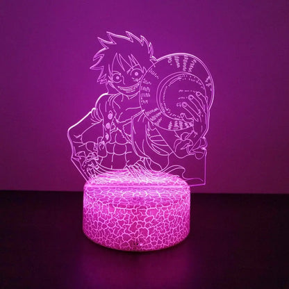 A glowing pink 3d led night light acrylic panel of One Piece Luffy holding his straw hat with remote control