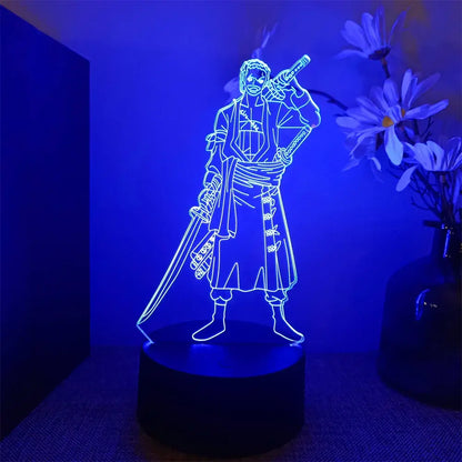 Blue illuminated 3d led night light featuring luffy zoro nami acrylic panel with remote control 7-color changing