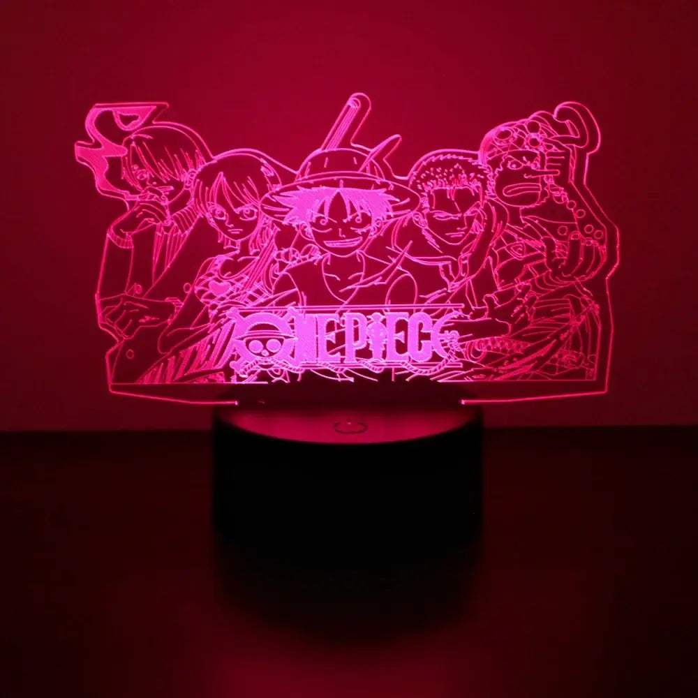 Glowing pink 3d led night light featuring a translucent acrylic panel with one piece crew and logo, remote control included