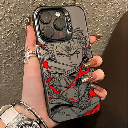 Black matte anti-fall phone case with detailed gray and red anime piece luffy zoro illustration on the back side