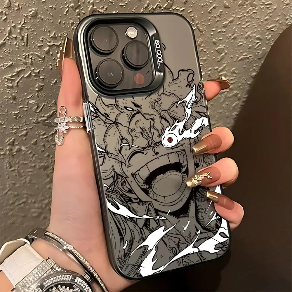 Black and white anime style one piece luffy zoro phone case with fierce screaming character and flames matte anti fall cover