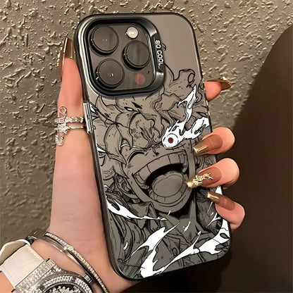 Black and white anime style one piece luffy zoro phone case with fierce screaming character and flames matte anti fall cover