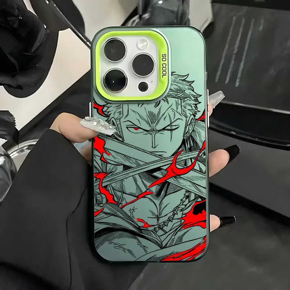 Back view of a vibrant green and black one piece luffy zoro phone case with detailed anime design and lime-green camera ring