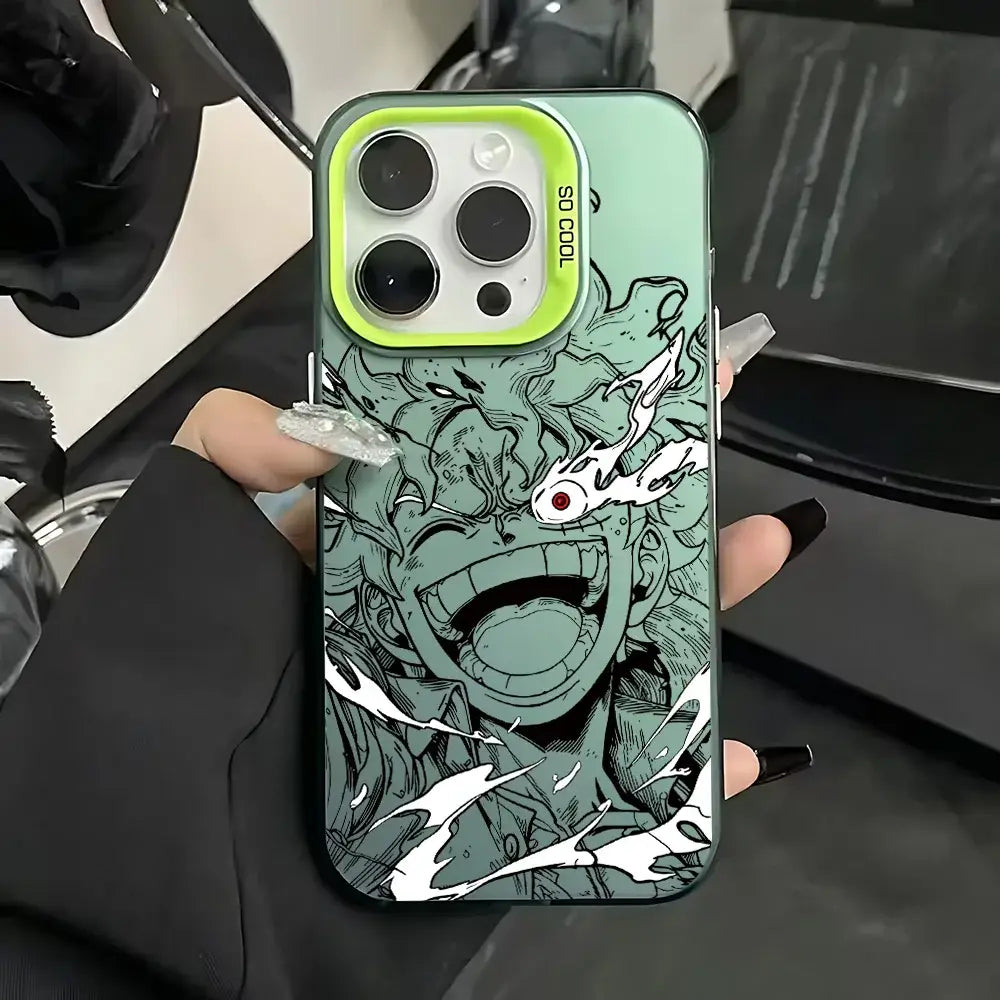 Back of a vibrant green matte anti-fall piece luffy zoro phone case with black-and-white anime design and lime-green camera ring