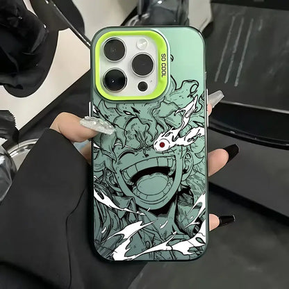 Back of a vibrant green matte anti-fall piece luffy zoro phone case with black-and-white anime design and lime-green camera ring