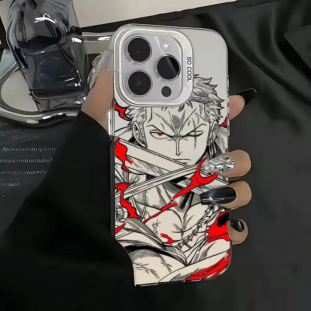 Back of a sleek white matte anti-fall one piece luffy zoro phone case with bold black and red anime design and so cool text