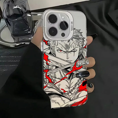 Back of a sleek white matte anti-fall one piece luffy zoro phone case with bold black and red anime design and so cool text