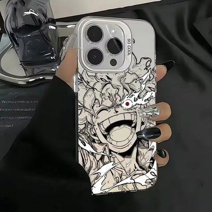 Black-and-white matte anti-fall phone case featuring dynamic one piece luffy zoro anime character held in hand