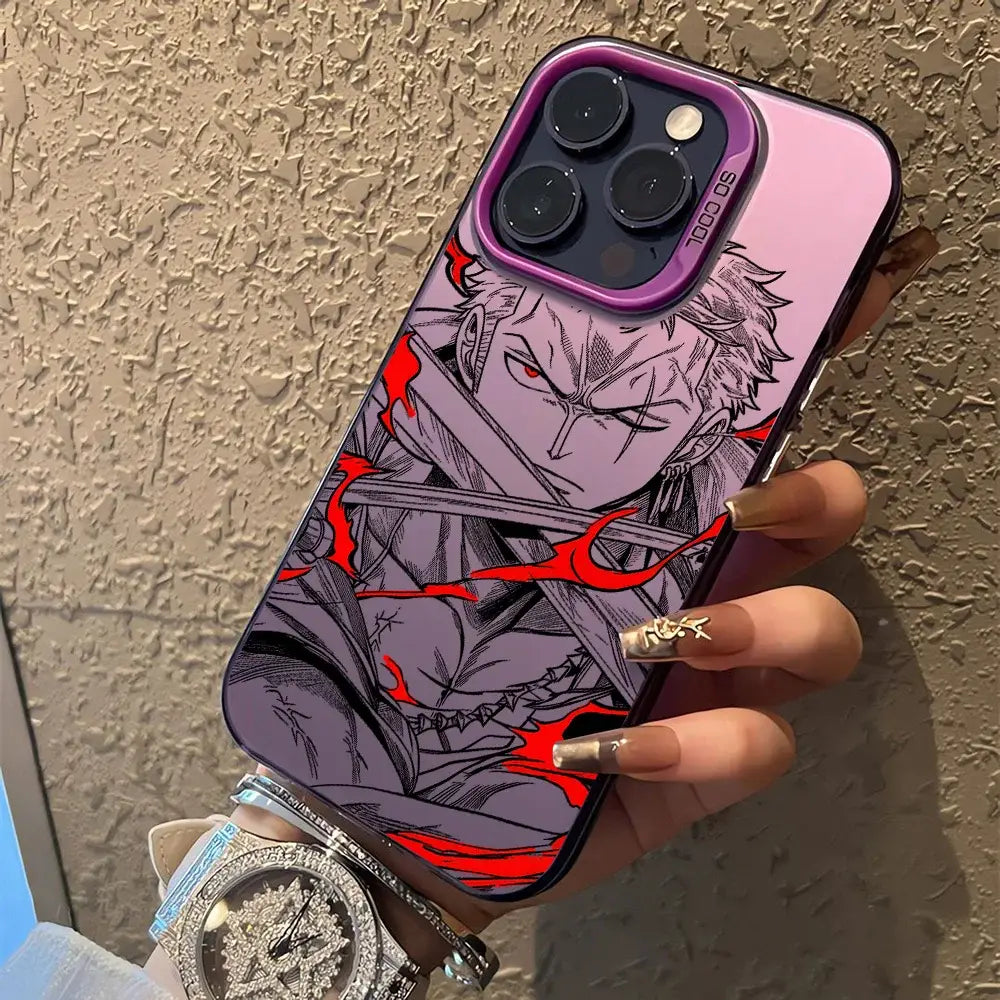 Pink and purple matte anti-fall phone case featuring detailed anime piece luffy zoro design with red accents held in hand