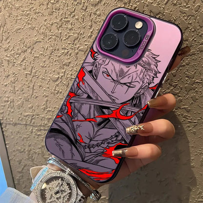 Pink and purple matte anti-fall phone case featuring detailed anime piece luffy zoro design with red accents held in hand