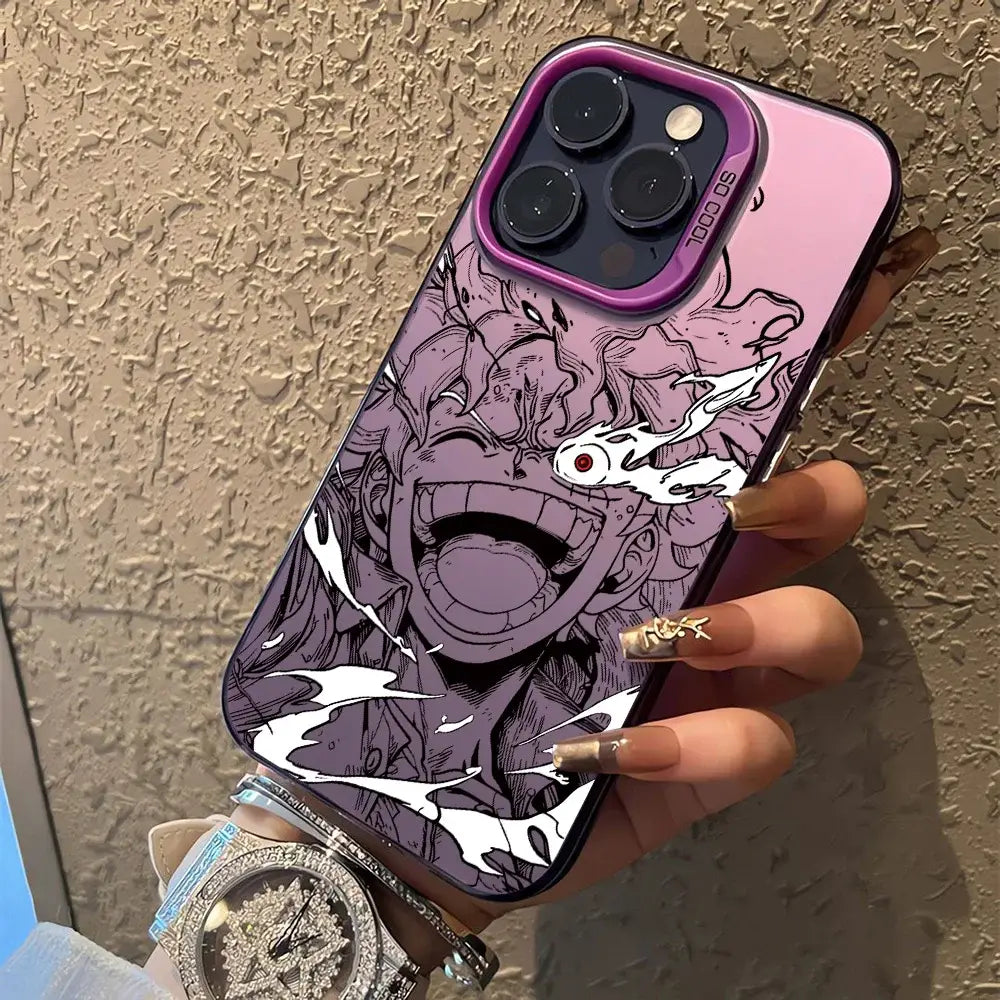 Purple and black one piece luffy zoro phone case matte anti-fall cover with vibrant character face and white accents on back side
