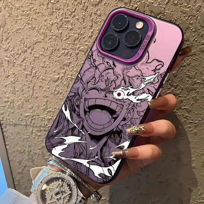 Purple and black one piece luffy zoro phone case matte anti-fall cover with vibrant character face and white accents on back side