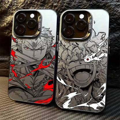 Two anime-themed matte anti-fall phone cases for iphone featuring piece luffy zoro black and white illustrations with red accents