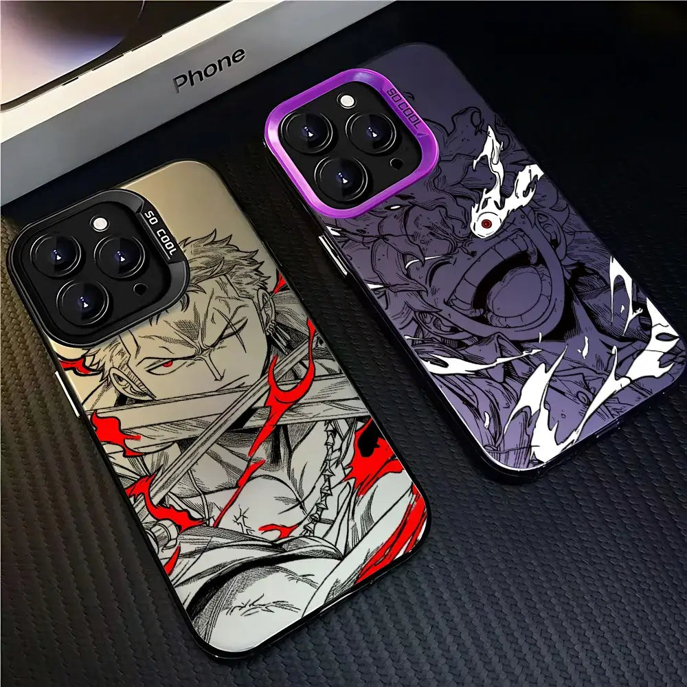 Two anime-themed one piece luffy zoro phone cases with matte anti-fall cover featuring red black and purple designs