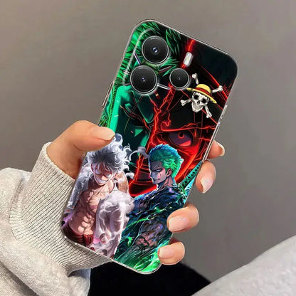 Back side of a vibrant glossy shockproof one piece luffy zoro phone case with green red accents and skull emblem near camera