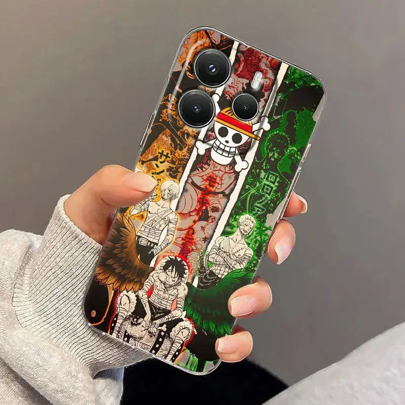 Transparent shockproof phone case with vibrant one piece luffy zoro design showing back side of luffy zoro phone
