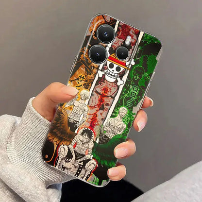 Transparent shockproof phone case with vibrant one piece luffy zoro design showing back side of luffy zoro phone