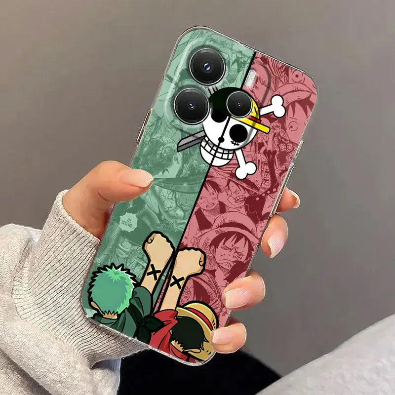 Vibrant two toned green and red anime phone case featuring one piece luffy zoro split design shockproof cover back view