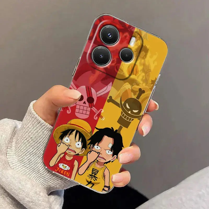 Vibrant red and yellow shockproof one piece luffy zoro phone case with luffy cartoon faces and jolly roger skull design