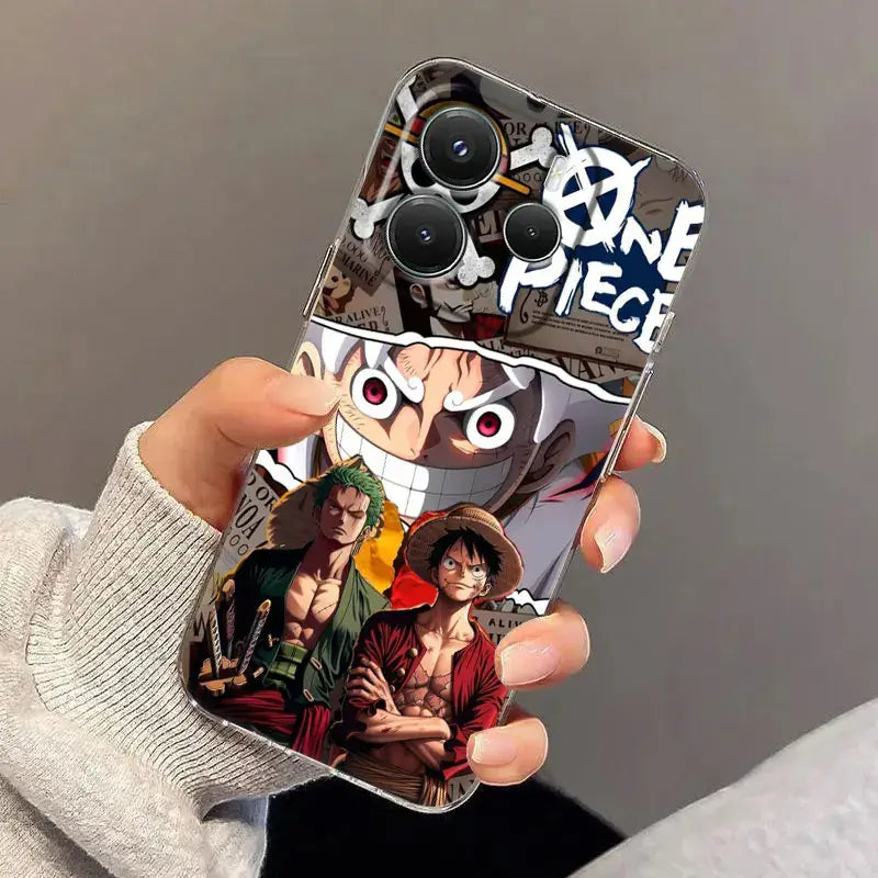 Transparent shockproof phone case featuring vibrant one piece luffy zoro print with bold one piece logo on back side