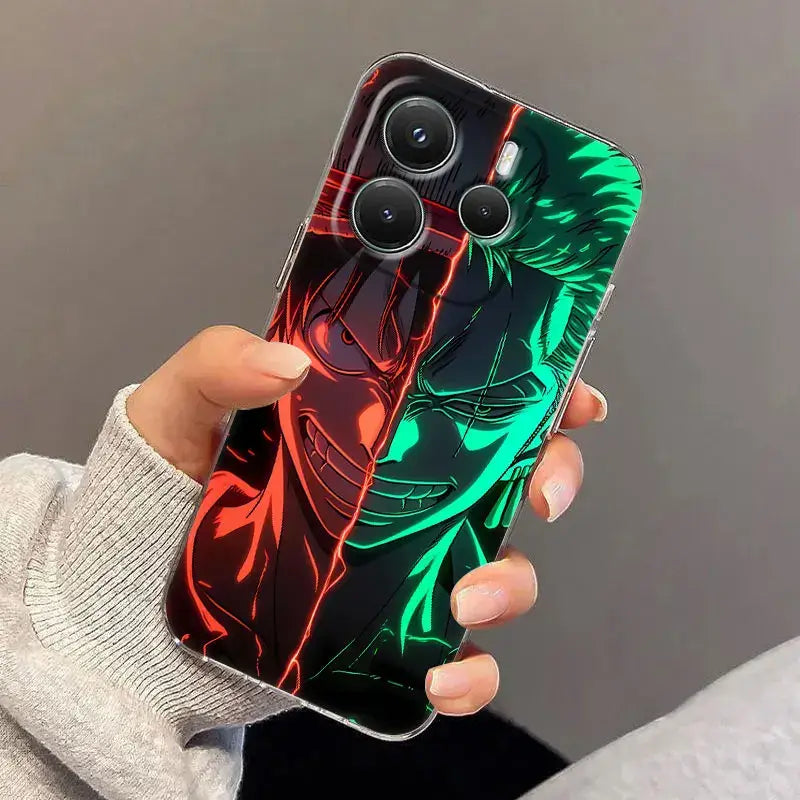 Vibrant translucent one piece luffy zoro phone case with fiery red and glowing green split design showing anime face