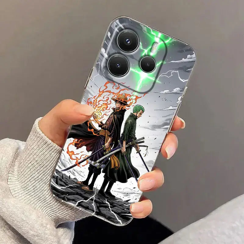 Transparent shockproof phone case with vibrant piece luffy zoro anime design against stormy sky backdrop on back side