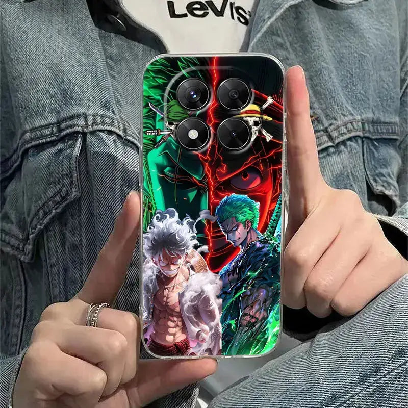 Back of a transparent shockproof phone case featuring vibrant full-color one piece luffy zoro graphic with green and red energy effects